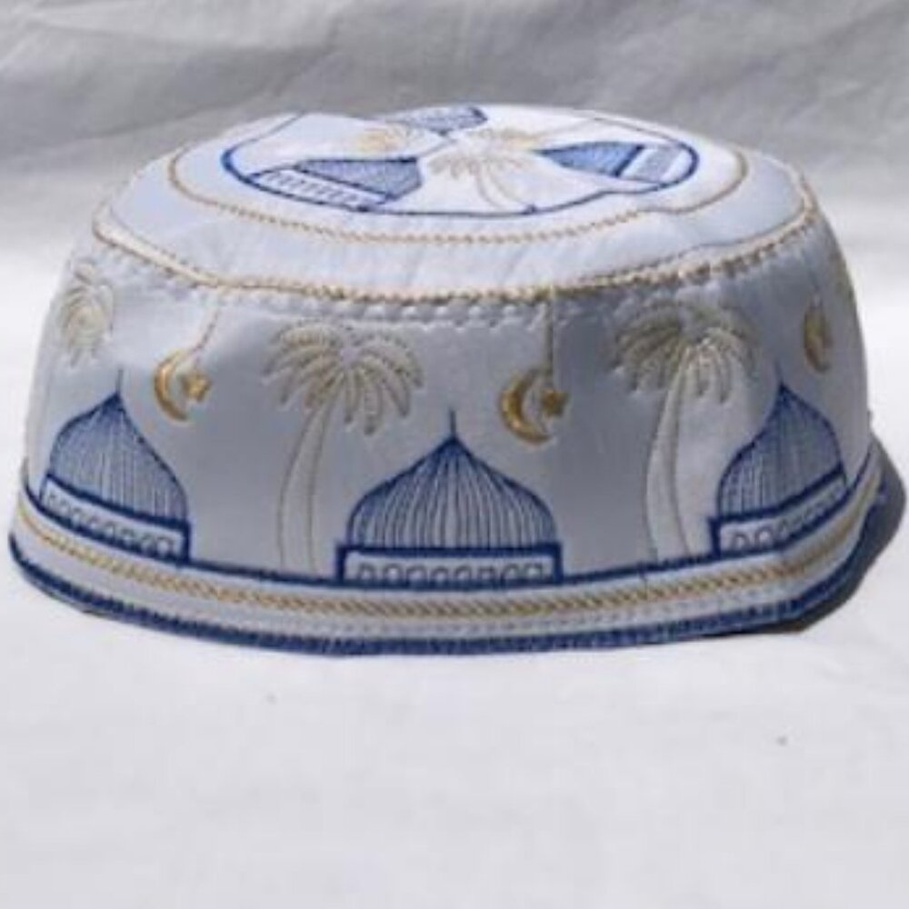 Embroidered Kufi WHITE BLUE 60 cm Men's Muslim Islamic Prayer Cap X-LARGE